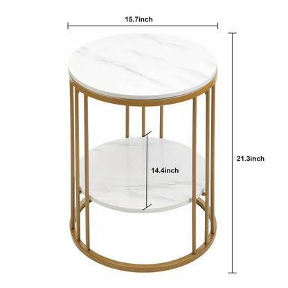 2-Tier White Marble Side Table round Coffee Table Nightstand Jewellery Storage